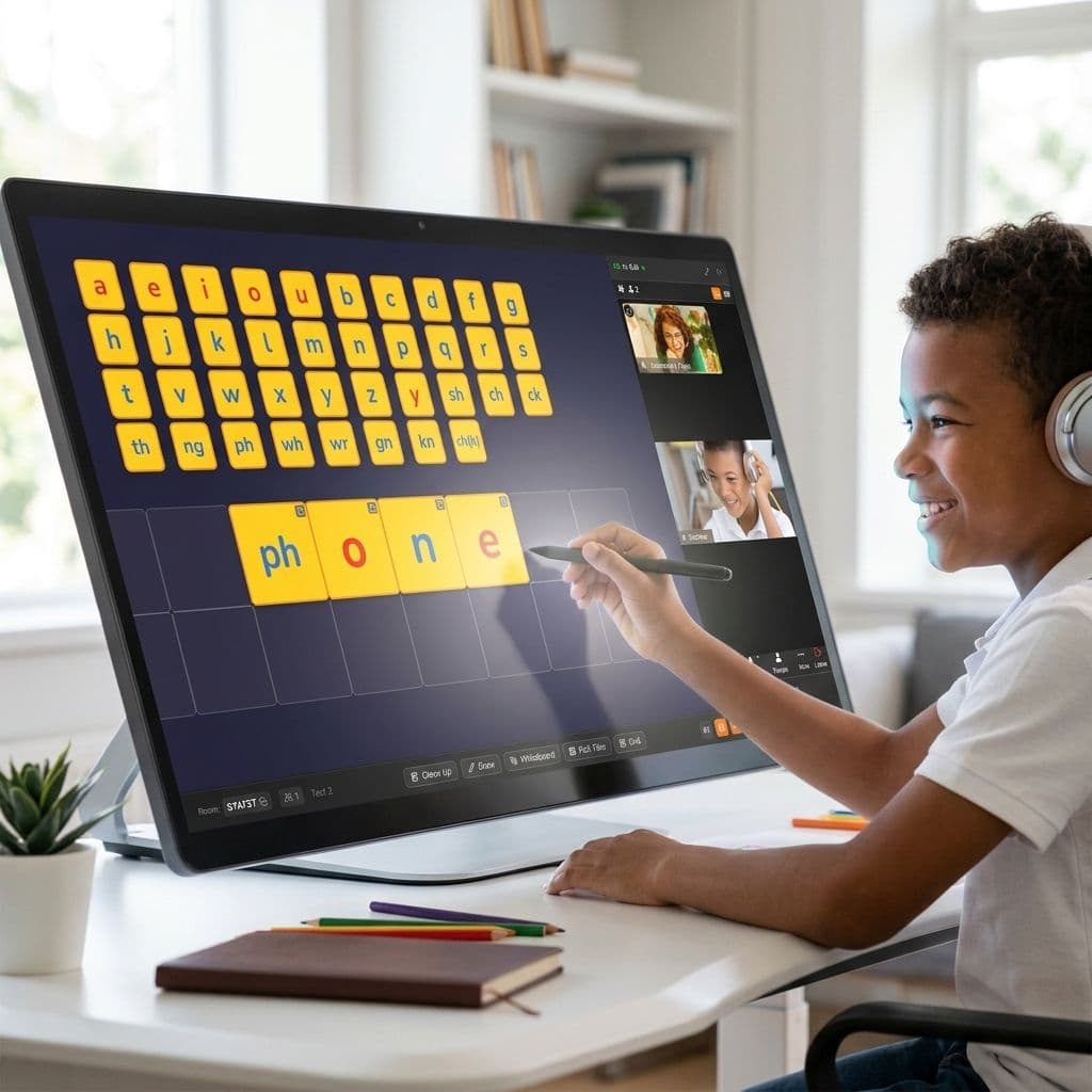 Student using Reading Rescuers phonics tiles on a touchscreen